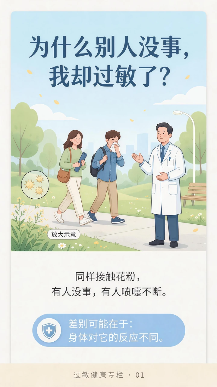 第1节过敏科普长图：过敏，不直接等于免疫力低。本节医学说明见图下方或右侧文字。