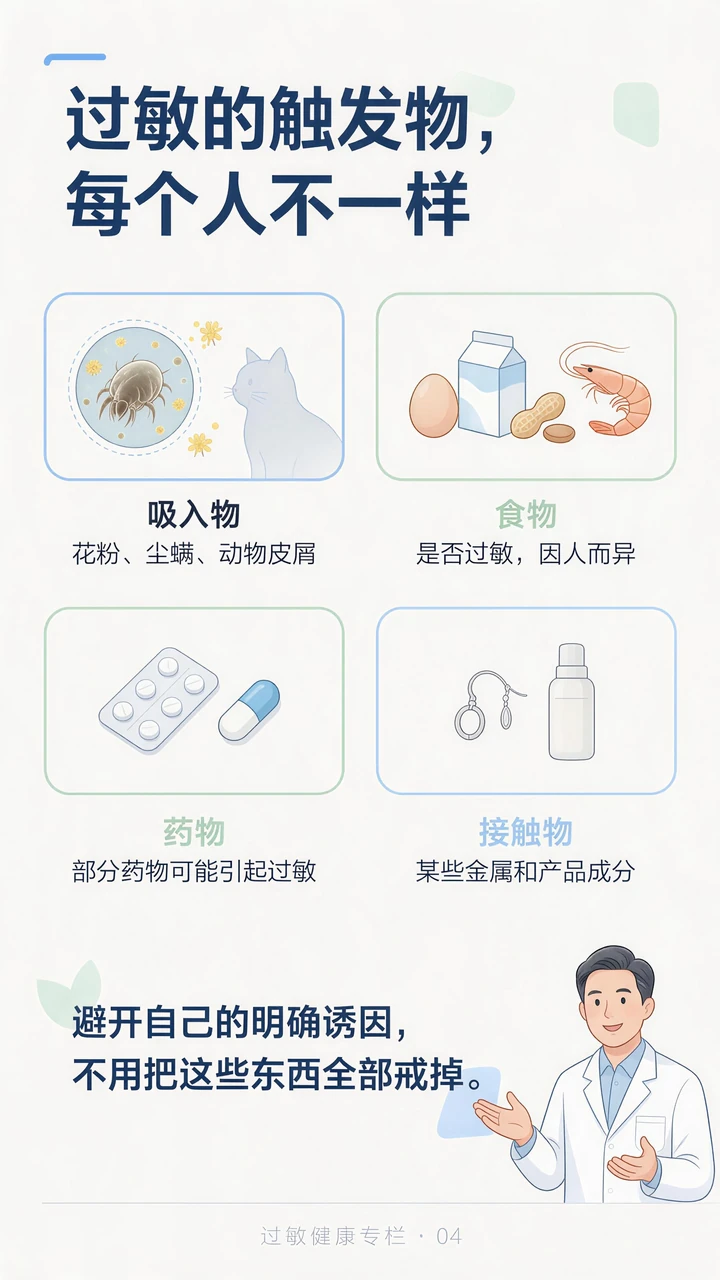 第4节过敏科普长图：诱因，要看你自己的反应。本节医学说明见图下方或右侧文字。