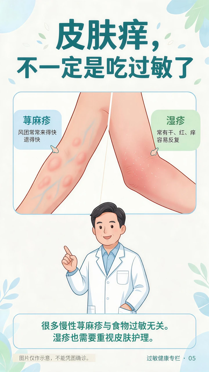 第5节过敏科普长图：皮肤反复痒，先别急着怪食物。本节医学说明见图下方或右侧文字。