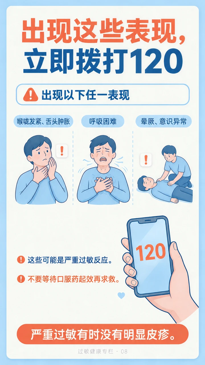 第8节过敏科普长图：这些信号，要立即求救。本节医学说明见图下方或右侧文字。